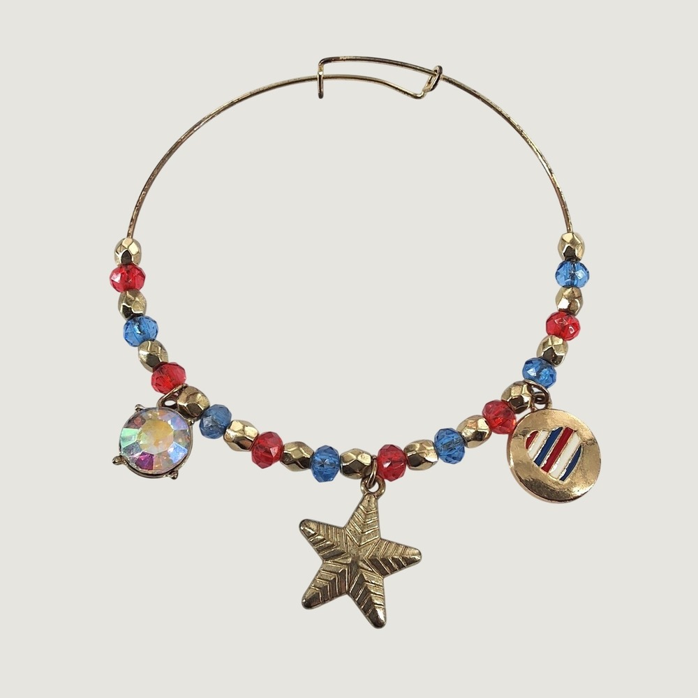 Patriotic Gold Tone Charm Bangle Bracelet Red Blue Beads Star Heart AB Crystal